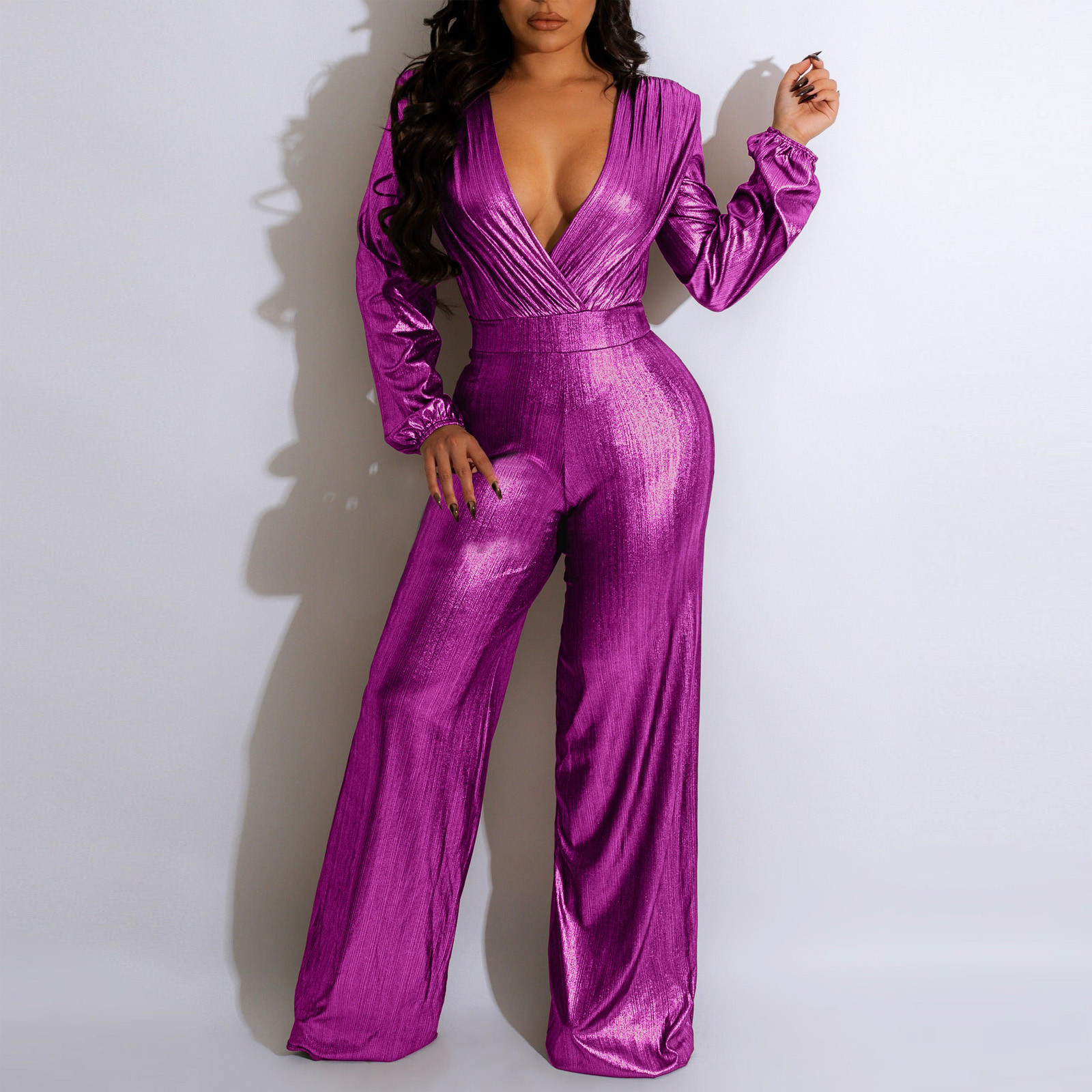 Aayomet Womens Jumpsuits Women Long Sleeve V Neck Jumpsuits Slim Fit Nightclub Style Long Sleeve Wide Leg Jumpsuit,Purple XL